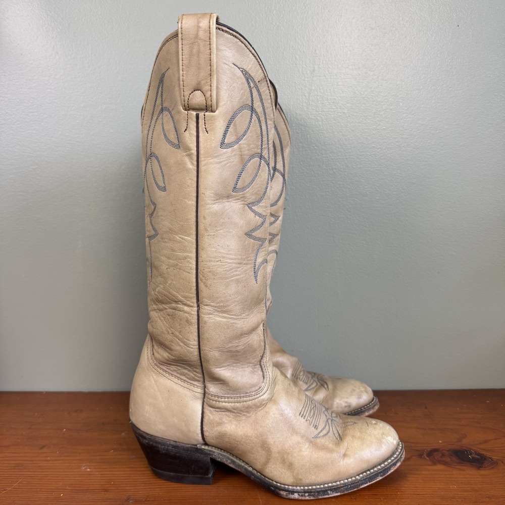 Vintage Marbled Tan Blue Embroidered Cowboy Western Boots Women's Sz 7 - Picture 2 of 6